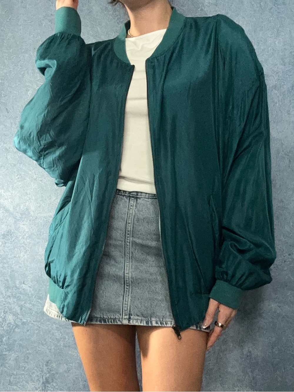 Vintage Silk Teal Bomber Jacket - Women's Lightweight Zip Front